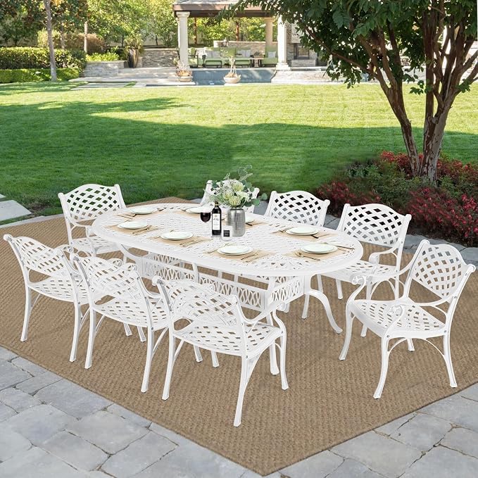 MEETWARM 9-Piece Outdoor Patio Dining Set, 8 Outdoor Dining Chairs and 1 Oval Table with 2" Umbrella Hole, All Weather Cast Aluminum Patio Funiture Set for Backyard, Garden, Patio,White