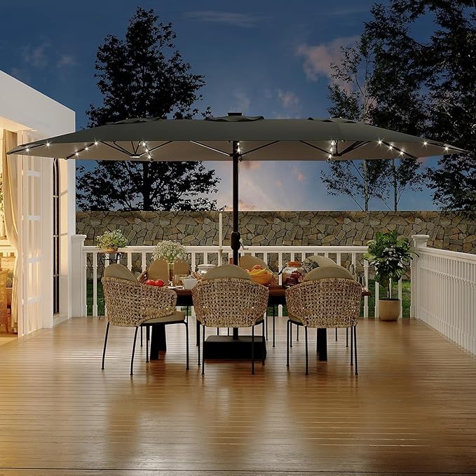 Garvee 15 ft Rectangular Patio Umbrella with Base Included - Large Patio Umbrella with Crank Handle 36 LED Lights, UV Protection for Outdoor Market, Backyard, Deck, Pool, Grey