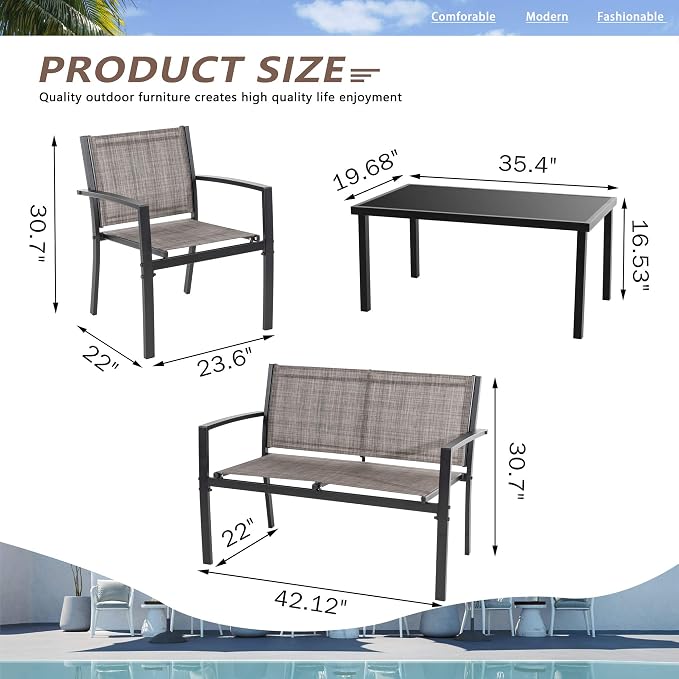 Vongrasig 4-Piece Modern Metal Textilene Patio Furniture Set - Small, Taupe with Loveseat & Glass Table for Lawn, Garden, Porch, Balcony, Backyard (Taupe)