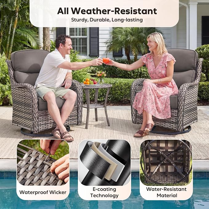 Rilyson Outdoor Patio Furniture Set - Weather Resistant Wicker,High Back,6 inch Cushions,3 Piece Patio Bistro Set with Swivel Rocker Chairs and Side Table for Deck Porch Yard,Mixed Grey/Grey