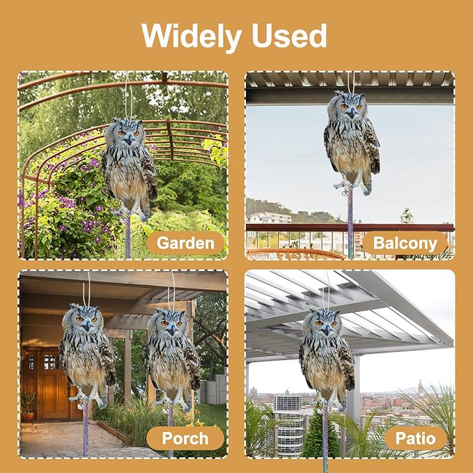 Fake Owl to Scare Pigeons Woodpecker, 4Pcs Flat Garden Owls to Keep Pigeons Squirrels Away from Outdoor, Plastic Owl to Scare Woodpecker from House, Hanging Owls with Reflective Tape for Patio Roof