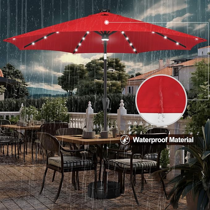 FLAME&SHADE 11 FT Solar Light Patio Umbrella, 40 LED lights outdoor umbrella with Centre Surround Light, Table Market Umbrella for Deck, Pool, Porch, Backyard, Garden, UV Protection, Red