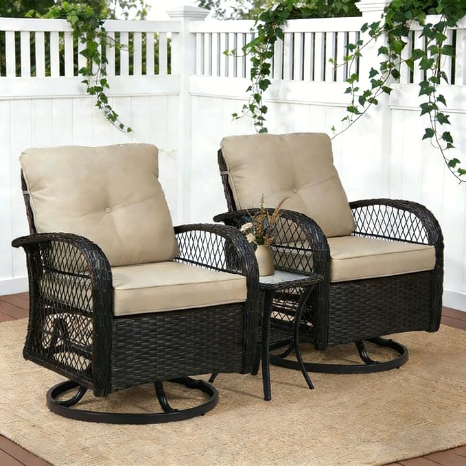 Outdoor Swivel Rocker Patio Chairs with Cushions,Outdoor Swivel Rocking Chairs Set of 2 with Rattan Side Table,360 Degree Swivel Seat Patio Furniture Set for Outside Porch Deck,3 Pieces