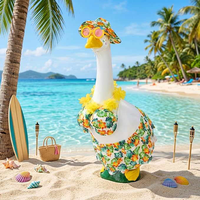 Green Bikini Goose Clothes Set with Sunglasses Lei Hat, Green Hawaiian Swimming Suits Porch Goose Outfits for 23 Inch Goose Statue, Summer Tropical Yard Garden Decor (Green)