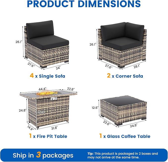 8-Piece Patio Furniture Set with 44” Fire Pit Table - All-Weather Wicker Conversation Sectional Sofa & Coffee Table with Thickened Cushions for Backyard, Garden(Black)
