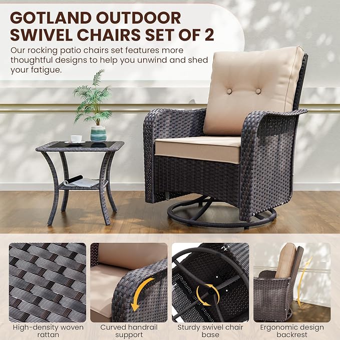 Gotland 9 Pieces Patio Furniture Set, 7-Seater Patio Furniture in 4 Combinations with Wide Armrests 29.5'' High Backrest, 2 Swivel Rocking Chairs 1 Coffee Table, for Deck Garden Pool Party Khaki
