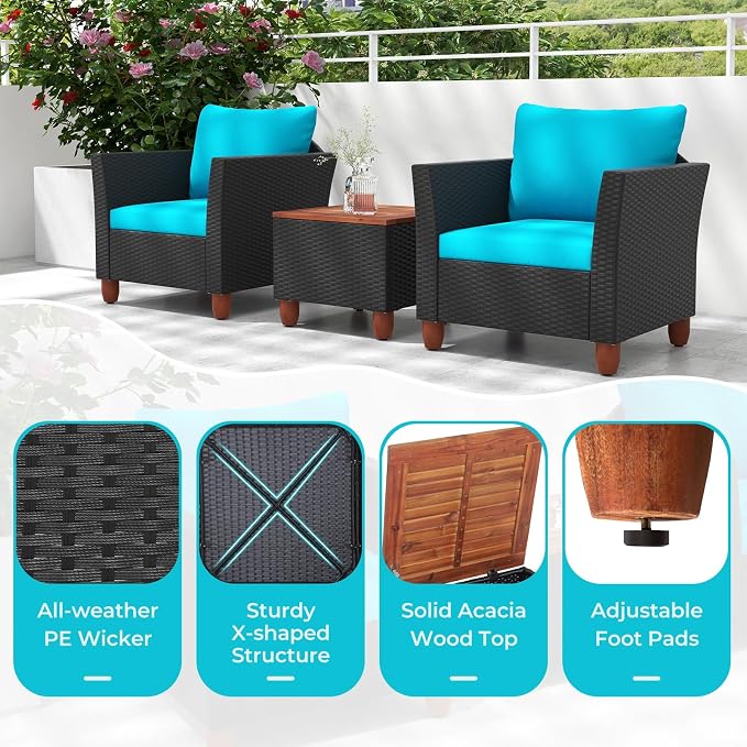 ORALNER 3 Pieces Patio Furniture Set, Outdoor Wicker Conversation Chairs with Cushion, Acacia Coffee Table, Rattan Bistro Set for Balcony Garden Backyard Front Porch Poolside (Turquoise)