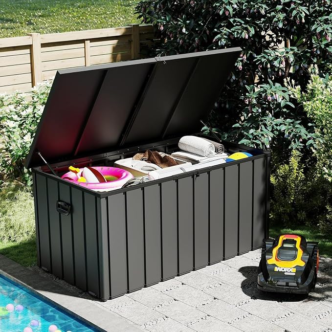 200 Gallon Outdoor Storage Deck Box, Lockable Mobile Rolling Metal Storage Bin, Waterproof UV Resistant Large Container Organizer for Patio Garden Yard,Dark Gray