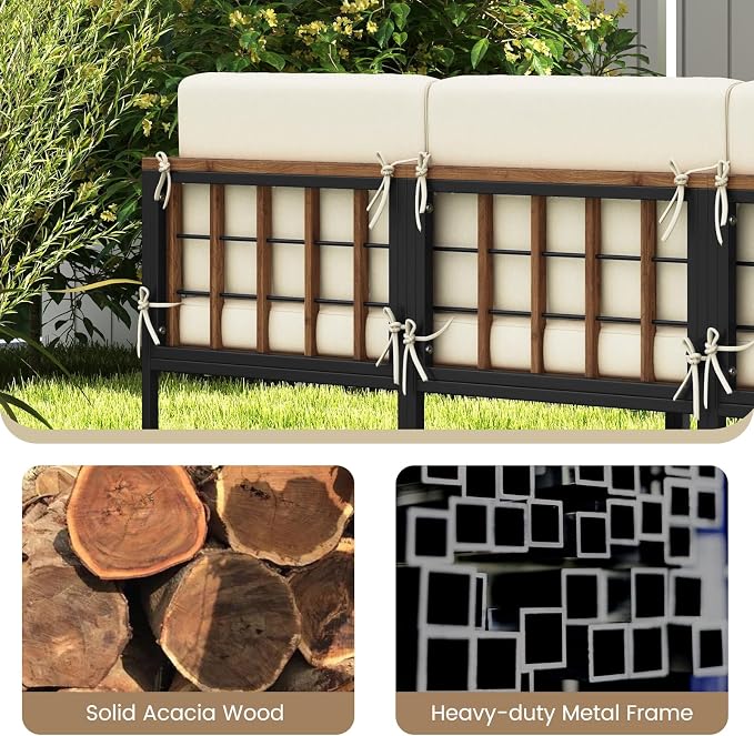 Tangkula 6 Pieces Acacia Wood Patio Furniture Set, Outdoor Sectional Conversation Sofa Set with Cushions, Coffee Table and Ottomans, Metal Frame Patio Sofas for Garden, Poolside, Backyard, Beige