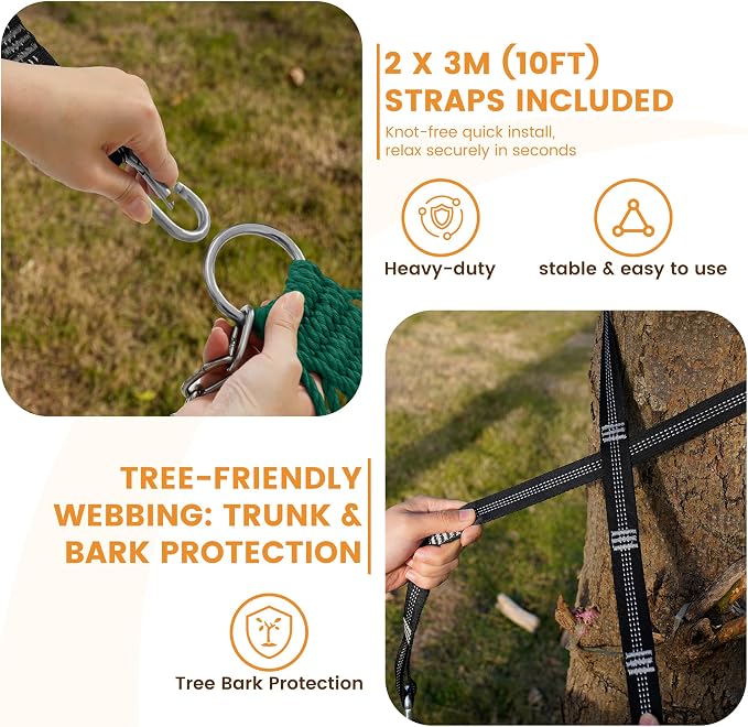 Lazy Daze Hammocks 13-FT Polyester Rope Hammock, Double 2 Person Traditional Hand Woven Outdoor Hammock with Spreader Bar, Carabiners, Tree Straps, Chains for Outside Patio- Max 450 Lbs, Green