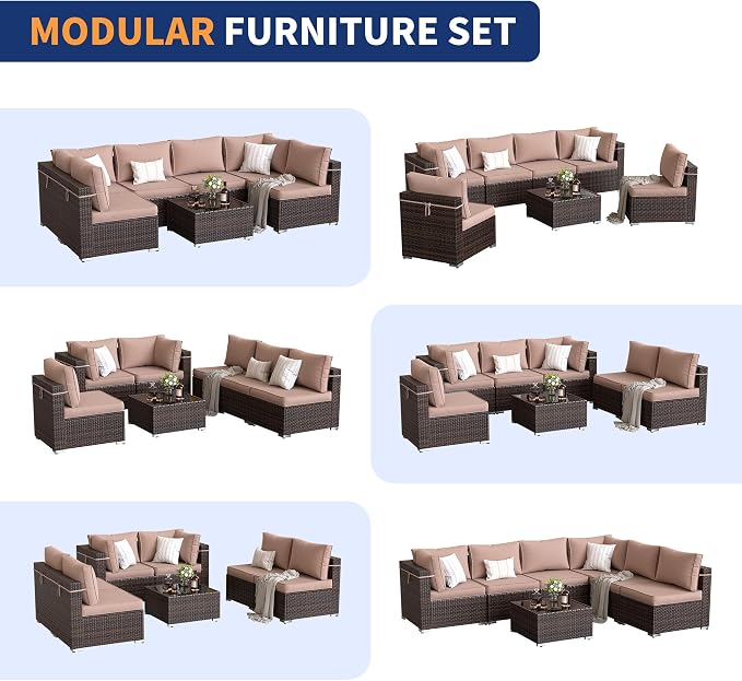 Patio Furniture Set, Modular 7-Piece Patio Conversation Sets with Coffee Table, All-Weather Wicker Outdoor Sectional for Backyard and Balcony, Beige (Waterproof Covers Included)