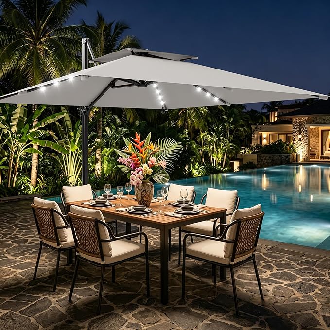 AreShark 10×10FT Solar LED Cantilever Umbrella, Double-Top Outdoor Patio Offset with 360 Degree Rotation, Square Offset Hanging Umbrella for Garden Deck Pool, Light Grey