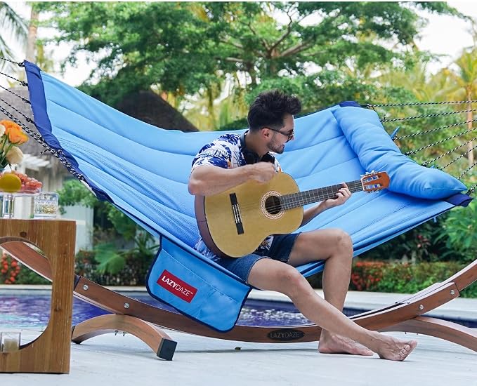 Lazy Daze Hammocks 12 FT Quilted Fabric Hammock with Curved Aluminium Spreader Bar, Double Hammock for Outside with Soft Pillow & Side Pocket 450 Lbs Capacity, Lake Blue