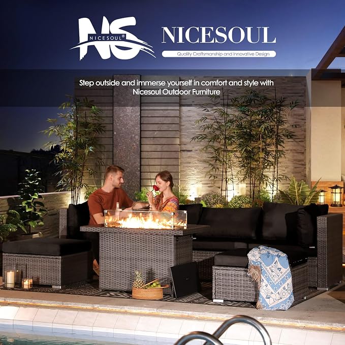 NICESOUL 20 Piece Extra Large Patio Furniture Set w/Fire Pit Table & Chaise Lounge, Modern Luxury Outdoor Group Seating w/Firepit, Comfortable 29.3" High-Back Sectional Couch Deep Seat, Gray & Black