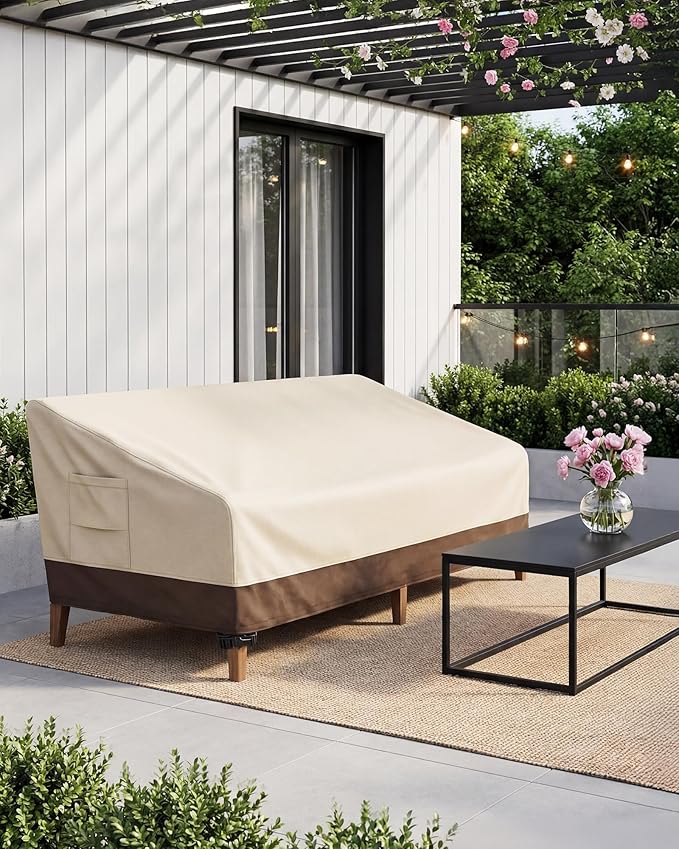 Vailge Heavy Duty Patio Sofa Cover, 100% Waterproof 3-Seater Outdoor Sofa Cover,Lawn Patio Furniture Covers with Air Vent and Handle,60"W x 35"D x 35" H,Beige&Brown
