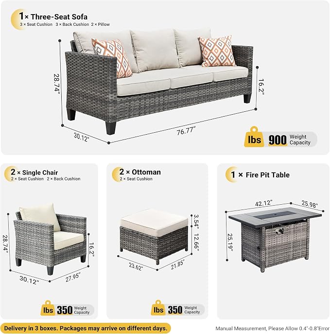 ovios 6 Pieces Patio Furniture Set with 42" Fire Pit Table, Outdoor Wicker Sofa with Comfy Cushions, All Weather High Back Rattan Couch Conversation Set, Beige
