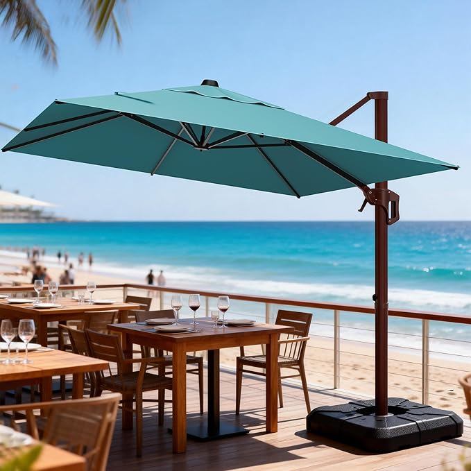 9' X 12' Cantilever Patio Umbrella Rectangle Outdoor Umbrella with Base Included, 6-Level Tilt & 360° Rotation Offset Umbrella for Garden, Deck, Pool (Turquoise)