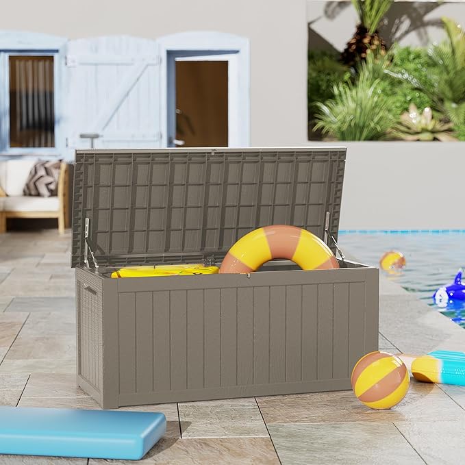 230 Gallon Outdoor Storage Box, Waterproof Resin Deck Container with Lockable Lid, Patio Organizer for Cushions & Garden Tools, Grey