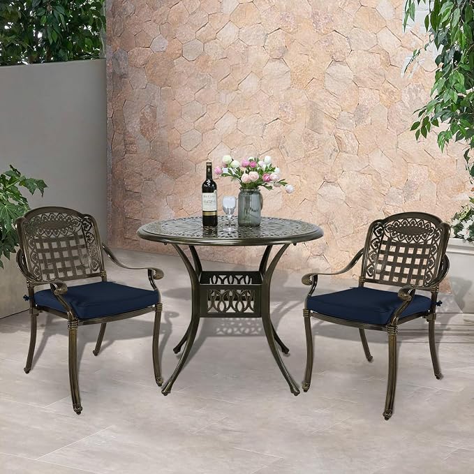 VIVIJASON 3-Piece Outdoor Patio Bistro Set, All-Weather Cast Aluminum Furniture Dining Sets Include 2 Cushioned Chairs and 35.4" Round Table w/Umbrella Hole for Balcony, Garden, Navy Blue Cushion