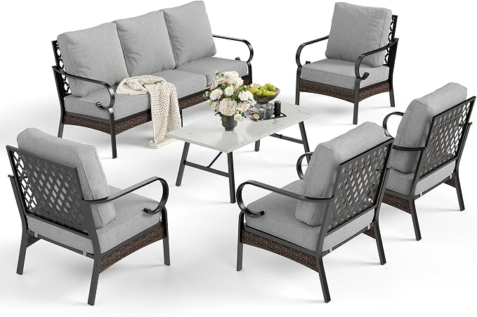 SUNSHINE VALLEY 6 Piece Metal Outdoor Patio Furniture Sets, Patio Conversation Sets 1 3-Seater Sofa, 4 Single Sofa with 5.75" Thick Cushion & Coffee Table, Black Frame Backyard Furniture, Light Gray