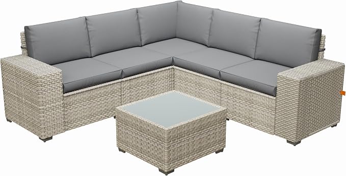 6 Piece Patio Furniture Set, 8" Wide Arm Sectional Sofa Set with Coffee Table, High-Back All-Weather Rattan Outdoor Conversation Set for Garden, Porch, Lawn, Gray