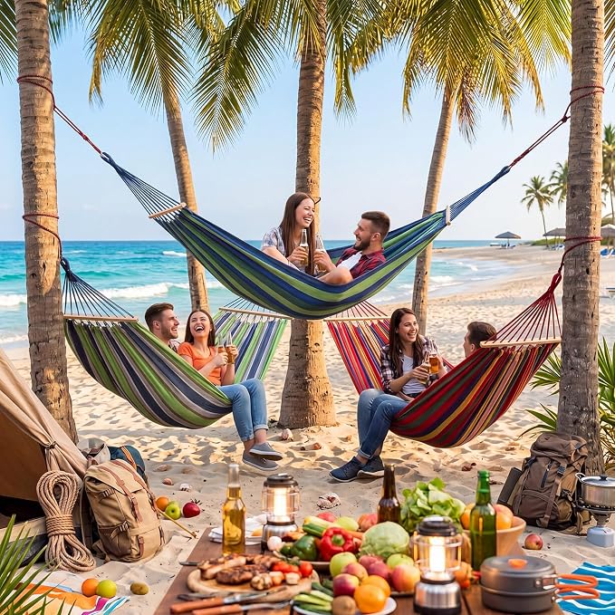 SATINIOR 4 Pack Canvas Camping Hammock for Outside 120 x 59 in Large Comfortable Hammocks up to 660lbs with Travel Bag Anti Roll Balance Beam Tree Strap for Outdoor/Indoor Beach Patio Backyard Garden