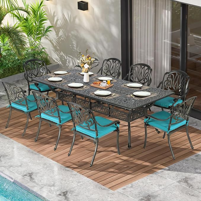 MEETWARM 9-Piece Outdoor Patio Dining Set for 8, All Weather Cast Aluminum Patio Funiture Table and Chairs Set- 94.5” Rectangular Table and 8 Cushioned Chairs for Garden, 2" Umbrella Hole, Ocean Blue