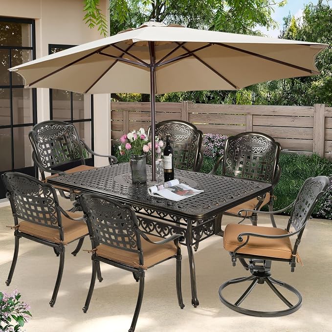 7-Piece Outdoor Patio Dining Set, 60” Rectangular Cast Aluminum Dining Table with Umbrella Hole and 4 Stationary, 2 Swivel Rocker Chairs, 6 Cushioned, Backyard, Patio, Garden