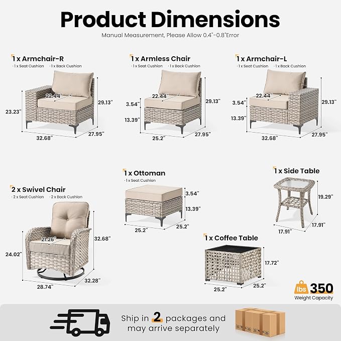ovios 8-Piece Patio Furniture Set with L-Shape Sofa Chaise, Outdoor Sectional Couch Swivel Gliders Solar Table, Modern Modular Wicker Rattan Conversation Set, Beige
