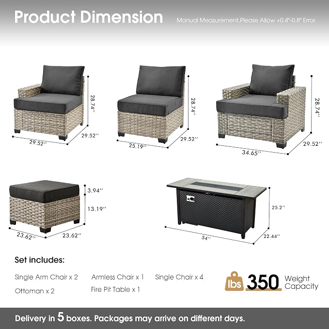 Rattan Patio Furniture Set with Fire Pit,10 Pieces Outdoor Sectional with Single Chair Ottoman,Out Door Furniture Conversation Set,Black