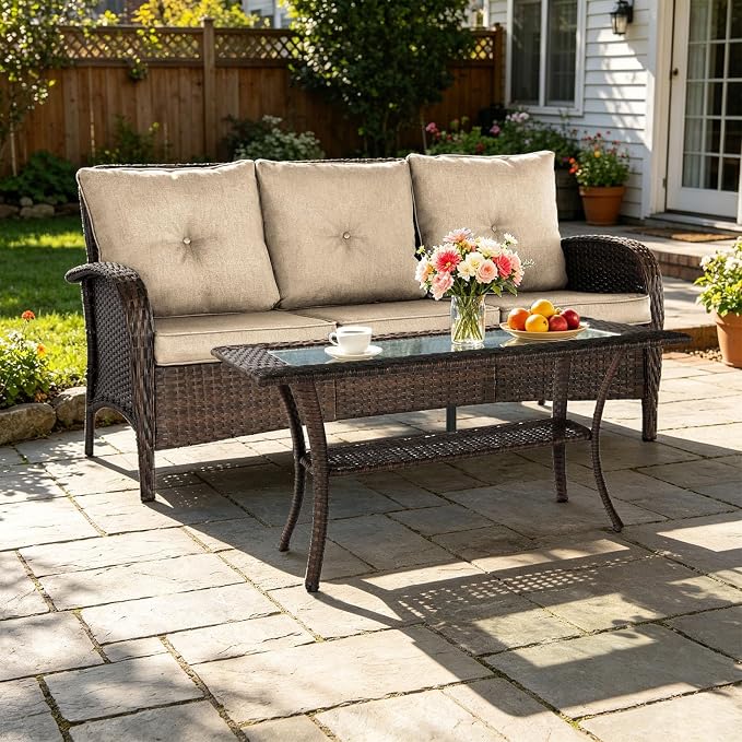 SHGJ&SOFT All Weather Patio Furniture Set, High Back Swivel Rocker Glider Chairs,Ottomans & Glass Tables, Outdoor Conversation Set for Deck Porch Yard Poolside (Brown, 2PCS-Sofa&Table)