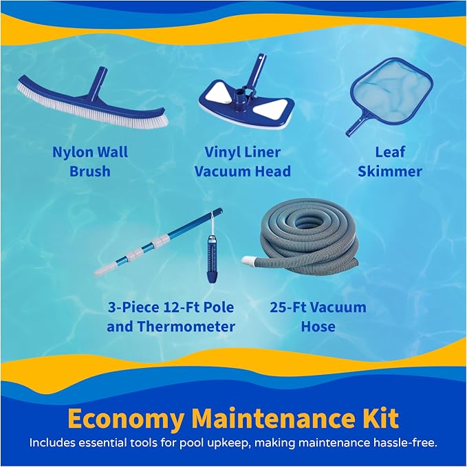 Blue Wave Marbella 15-ft Round 52-in Deep Above Ground Swimming Pool – with Steel Wall & Top Rails, Sand Filter, Overlap Liner, A-Frame Ladder & Maintenance Kit – Complete Outdoor Pool Accessories