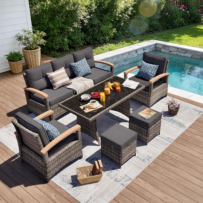 MEISSALIVVE 6 Pieces Patio Furniture Sets, PE Wicker Outdoor Conversation Sets with 2 Wood Armrests Single Chairs, 2 Ottomans and Dining Table (Grey)