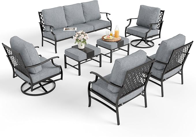 MIXPATIO Patio Furniture Set 7 pcs, Outdoor Patio Furniture, 3-Seat Sofa, 2 Single Chairs, 2 Swivel Chairs, 2 Ottomans and 5.75" Extra Thick Cushion, Patio Conversation Set for Backyard Deck,Grey