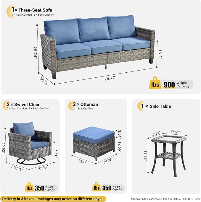 ovios 6 Pieces Patio Furniture Set, Outdoor Wicker Rattan Sofa Couch with Swivel Glider Chairs Comfy Cushions, Modern Conversation Set for Deck Backyard Porch, Denim Blue