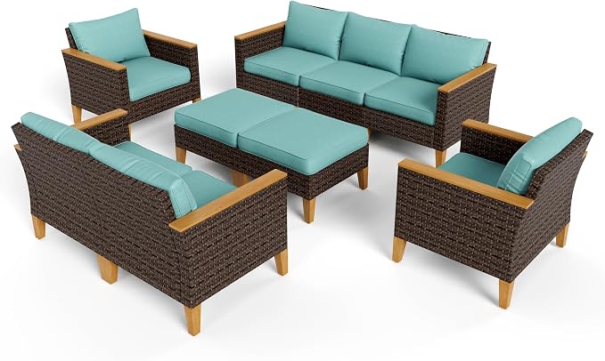 PHI VILLA 9-Piece Outdoor Wicker Furniture Set with 4-inch Thick Cushions, High Back Wicker Sofa for Deck, Yard, and Poolside in Blue (Loveseat Style)