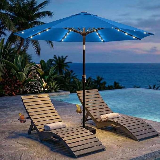 Kingdura 10FT Outdoor Patio Umbrella with Solar Lights, Market Table Umbrella with Push Button Tilt & Crank, 8 Sturdy Ribs, 32 LED Lights, UV Protection for Garden Lawn Deck Backyard Pool (Royal blue)