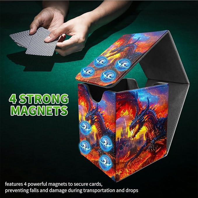 Deck Box for MTG, Cards Storage Box Fits 120+ Sleeved, Leather Medium Size Strong Magnetic Closing Card Case for Board Games Magic TCG CCG Baseball Collection, Castle Flaming Dragon