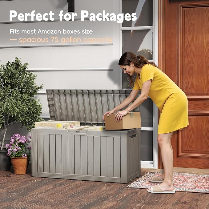 LubanNese Outdoor Storage Box, Waterproof Deck Box, Outdoor Patio Storage Bin, Weatherproof (Grey, 75 Gallon)