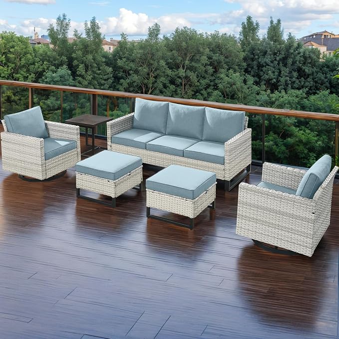 Wicker Outdoor Patio Furniture Set - 5 Piece Patio Conversation Set with 2 Swivel Rocker Chairs,2 Rattan Ottoman and 1 Metal Side Table for Outside Porch Deck Backyard Garden(Light Grey/Sky Blue)