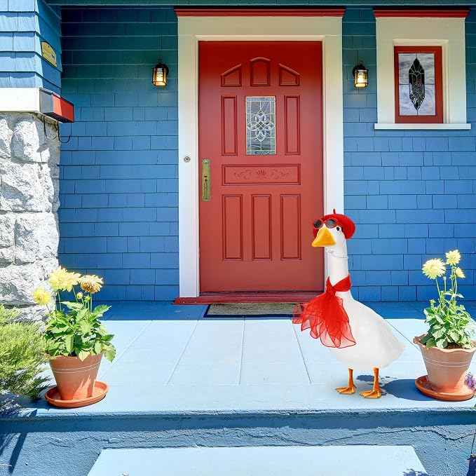 Yaomiao 3 Pcs 50s French Porch Goose Outfit Set for 23'' 17'' Cement Lawn Goose Costume Beret Hat for Carnival Statue Decor(Red)