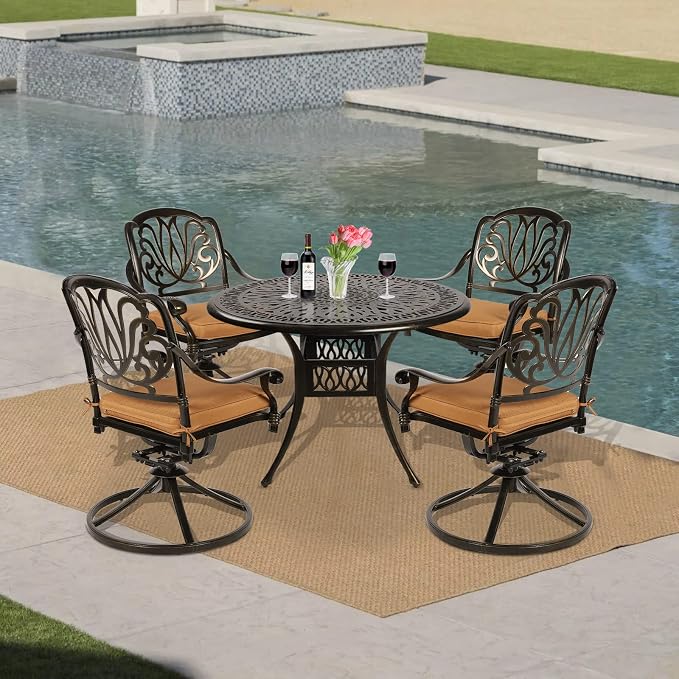 VIVIJASON 5-Piece Outdoor Patio Dining Set, All-Weather Cast Aluminum Conversation Set, Patio Furniture Set for Balcony Lawn Garden, Include 4 Swivel Dining Chairs, a 35.4" Round Table w/Umbrella Hole