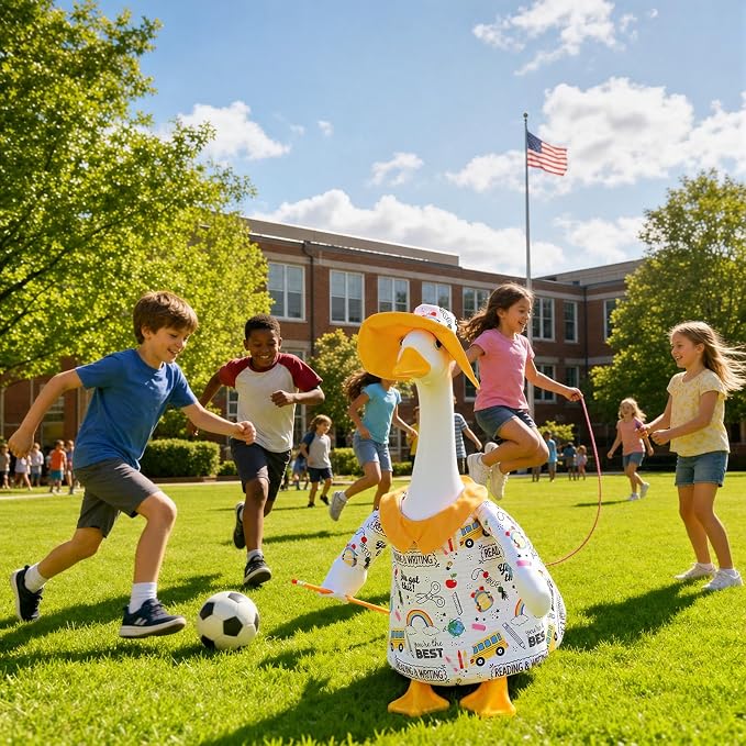 Outus Back to School Porch Goose Outfits Includes Notebook Doodle Shirt Yellow Sun Hat and Pencil Prop First Day of School Classroom Goose Clothing for Outdoor Garden Yard Patio Lawn 23" Statue