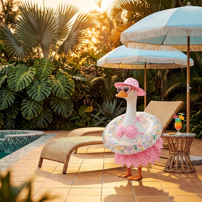 hoyuwak Bikini Goose Outfits Summer Hawaiian Porch Goose Outfits with Swimming Ring Sunglasses Hat for 23" Geese Yard Decor