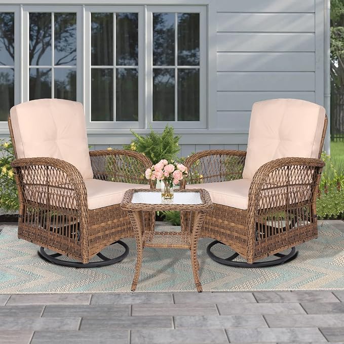 MEETWARM 3 Pieces Outdoor Wicker Swivel Rocker Patio Set, Rocking Chairs Rattan Patio Furniture Sets with Thickened Cushion and Glass-Top Coffee Table, Conversation Bistro Set for Porch (Light Brown)