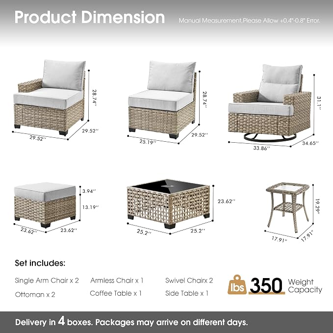 Wicker Patio Furniture Set with Swivel Chairs,9 Pieces Outdoor Sectional with Ottoman Glowing Coffee Table,Out Door Furniture Conversation Set,Light Grey