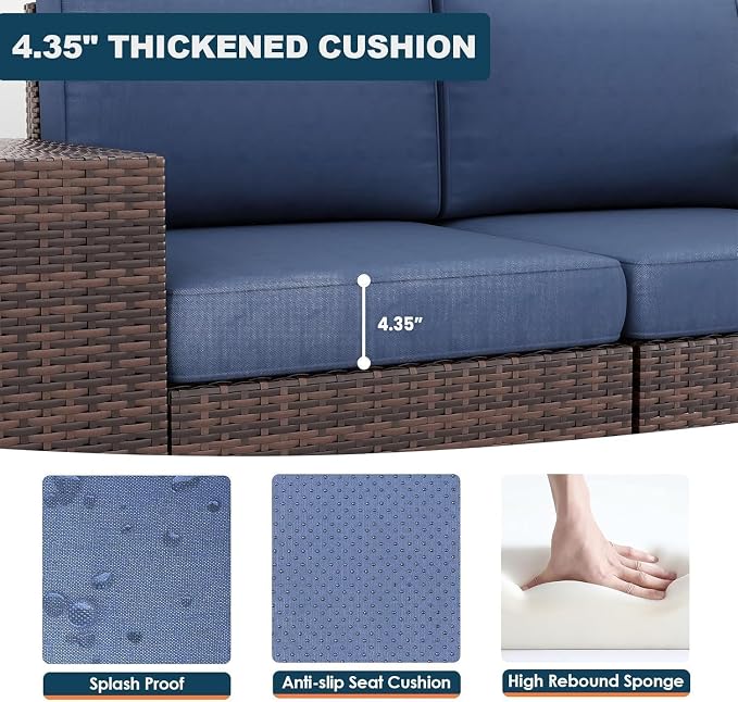 13 Piece Patio Furniture Set with Fire Pit Table, Wide Armrest Outdoor Sectional Sofa Brown Wicker Rattan Conversation Sets, 4'' Thickened Cushion Navy Blue