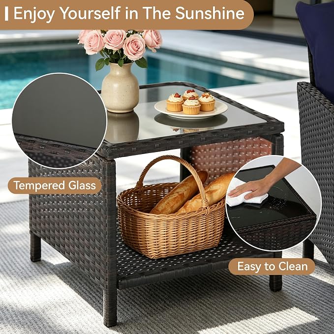 5 Pieces Patio Furniture Set, Rattan Outdoor Lounge Chairs with Soft Cushions,Outdoor Wicker Patio Conversation Set with Hidden Ottoman and Coffee Table for Porch, Garden, Backyard (Dark Blue)