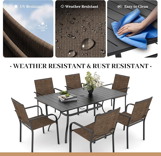 Anmutig 7-Piece Outdoor Dining Set, Powder Coated Steel Table with 6 Stackable Chairs, Black and Brown, 63 x 38 Inch Table