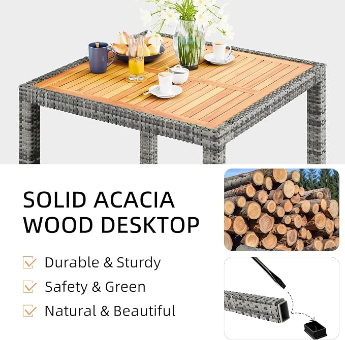 Vongrasig 5 Piece Small Patio Dining Set, Space-Saving Outdoor Wicker Furniture Conversation Set with Wood Table and Cushioned Rattan Chairs for Lawn, Garden, and Backyard (Gray)